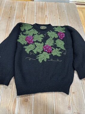 Vintage South Wool Hand Knit Grape Vine Sweater Black Cottagecore 3D Bobble SM